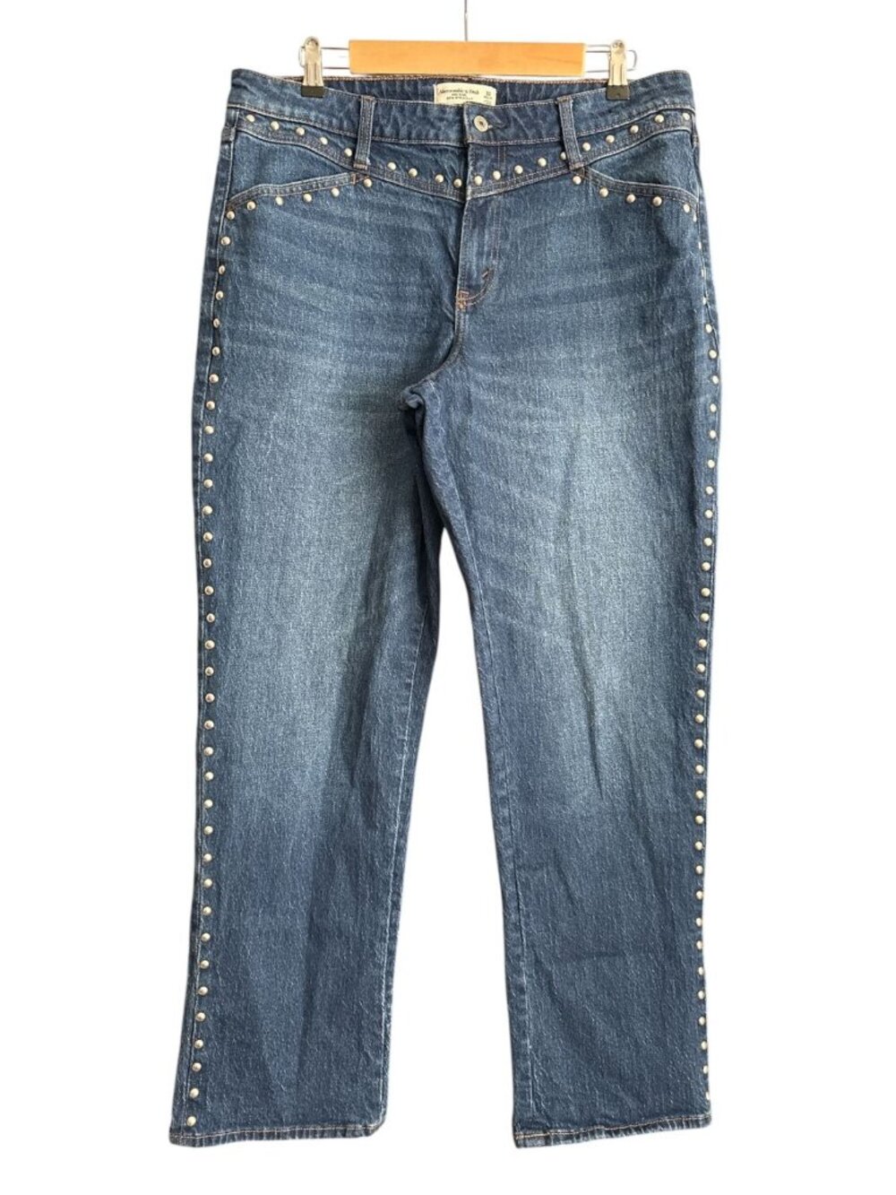 Abercrombie & Fitch Curve Love Mid Rise 90s Straight Studded Jeans Dark Wash Siz - Picture 2 of 14